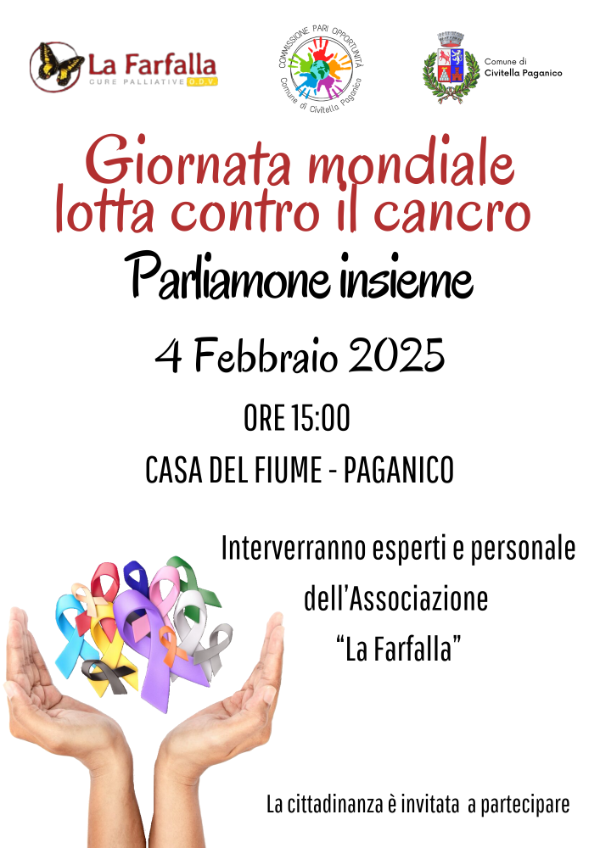 Giornata mondiale lotta contro il cancro. Parliamone insieme. Locandina evento